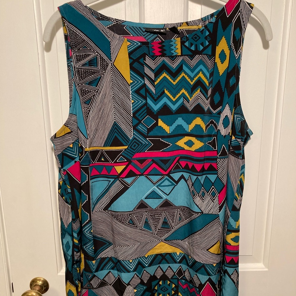 Allen B. Sleeveless Geometric Print Teal Gold Mustard Magenta Top Blouse Large